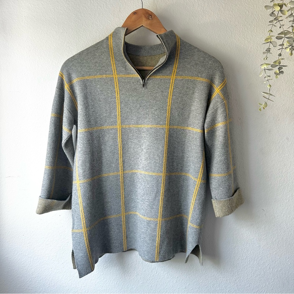 Tahari Gray and Yellow Zip Up Sweater with Windowpane Design